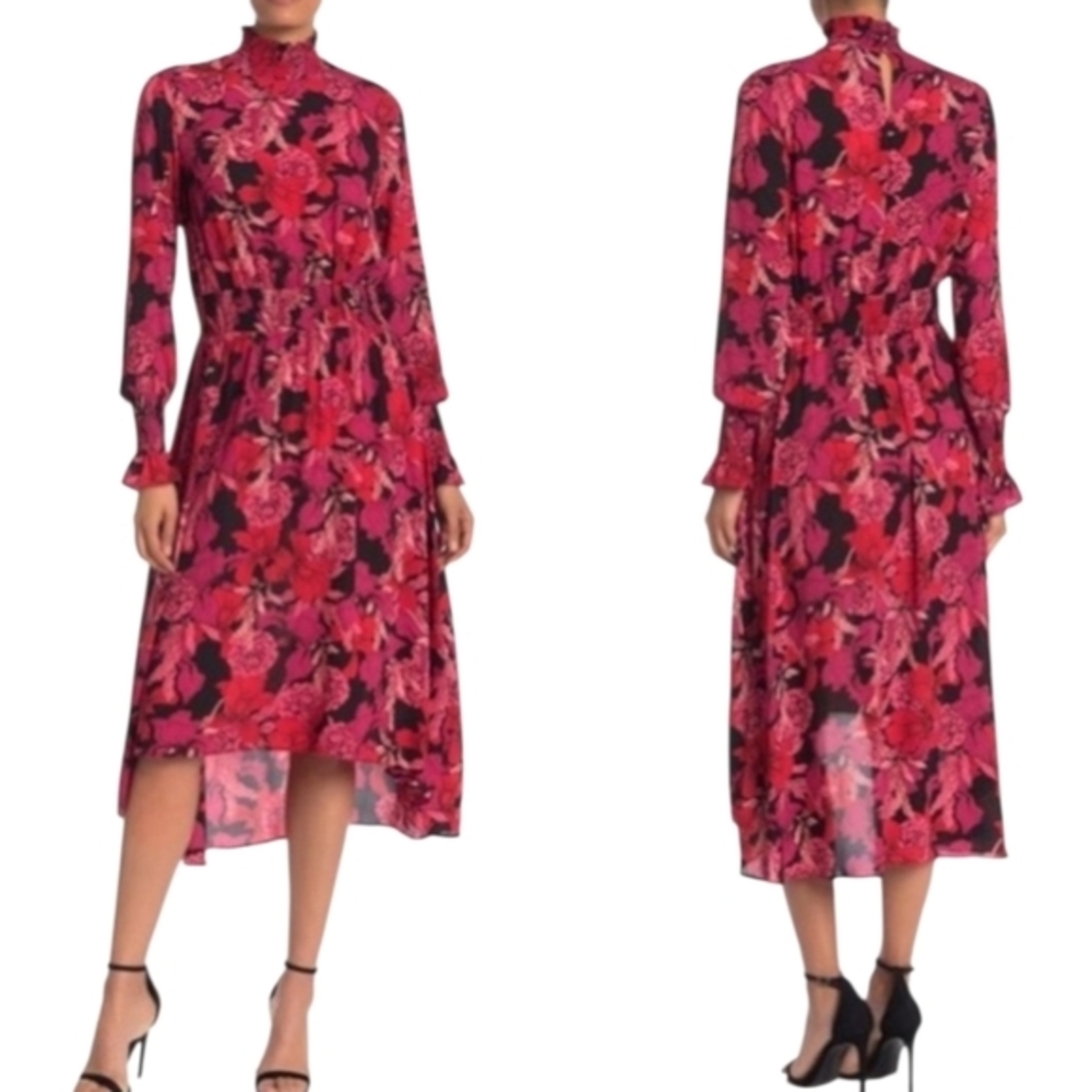 Nanette Lepore Red and Black Floral High Low Asymmetrical Long Sleeve Dress 6